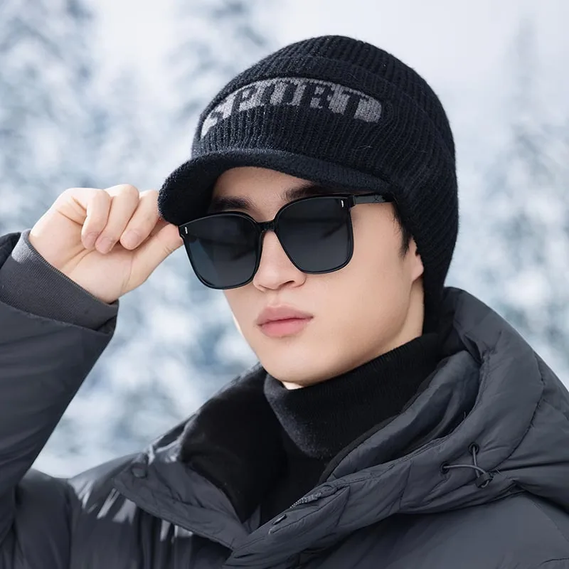 قبعة شتوية محبوكة للرجال مع بطانة مخملية سميكة دافئة ومقاومة للبرد، قبعة صوف مقاومة للرياح مع حماية للأذن ركوب عصري