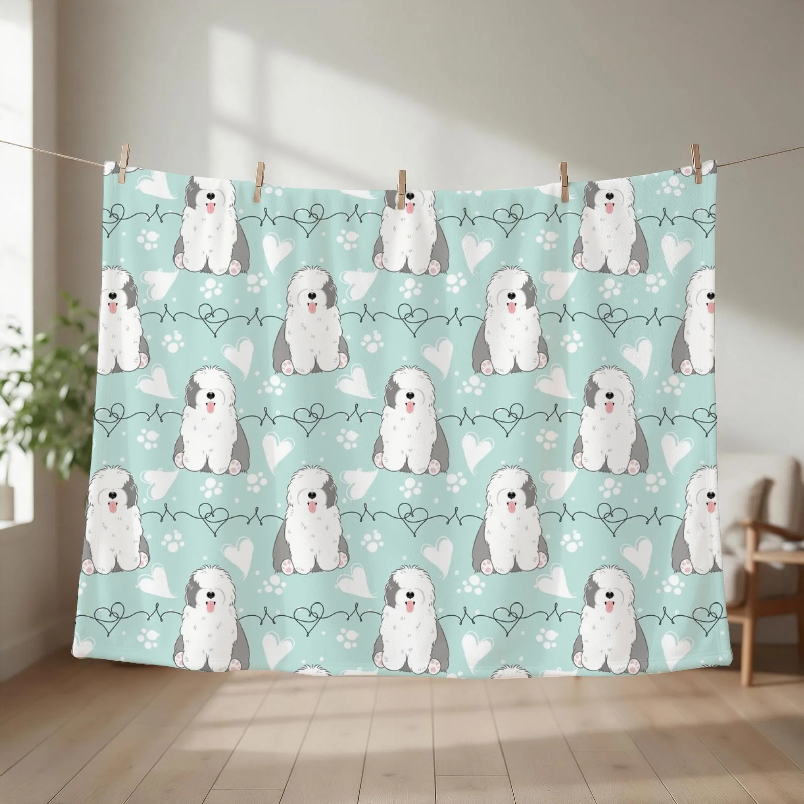 LOVE Old English Sheepdog - Gray and White 2 Throw Blanket couch cozy soft plush fuzzy picnic outdoor blanket