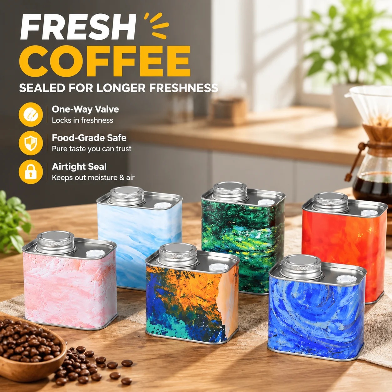 Food-Grade Tin Coffee Bean Can with One-Way Air Release Valve Portable Sealed Storage Container