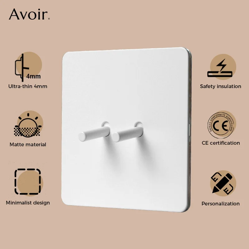 Avoir Wall Toggle Switch 2 Way White Matte Power Socket 16A European Standard Type C Charging Port Outlet Stainless Steel Panel