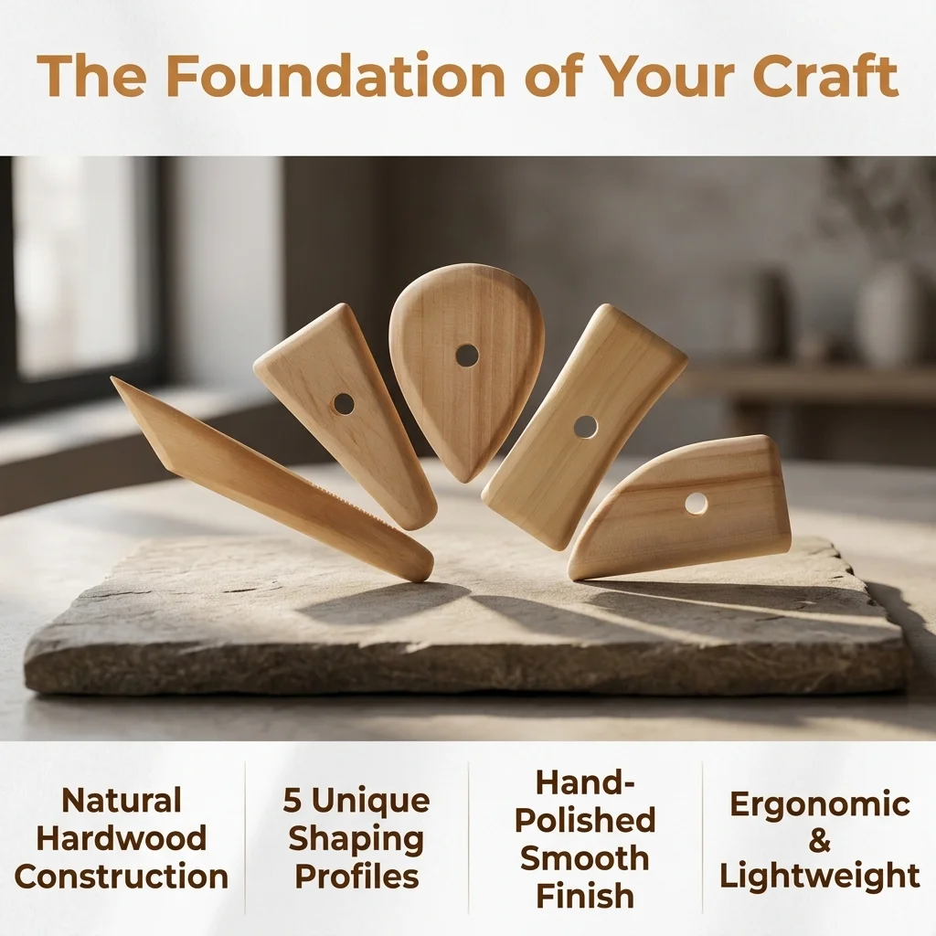 5Pcs Wooden Clay Ribs Set, Pottery Trimming & Smoothing Tools for Ceramic Wheel, Wood Scrapers for Clay Shaping