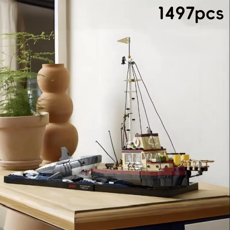 Jaws Diorama Boat Shark Pirate Ship Building Blocks Fishing Boat Model Toys For Birthday Ornament Christmas Gifts image 3