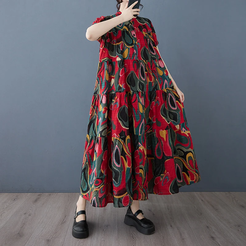 2025 verão novo feminino manga curta solto vestido de grandes dimensões algodão moda praia férias impresso longo balanço vestido a396