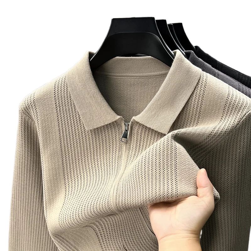 

High End Quality Men's Full Zipper Cardigan Solid Color Pocket Simple Lapel Long Sleeve Coat Autumn Business Versatile Trend