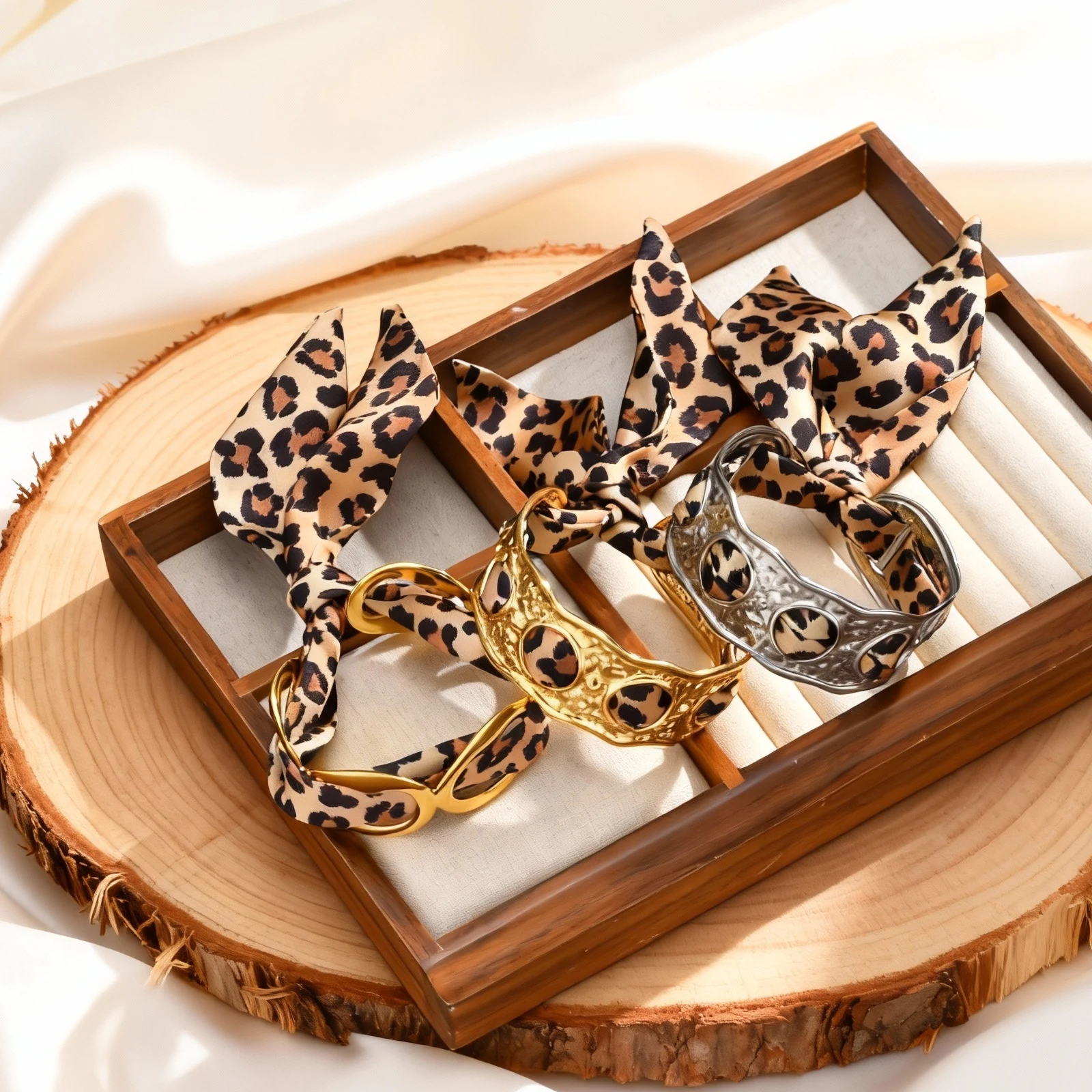 

Adjustable Silk Leopard Print Scarf Bracelet for Women Luxurious Bangle Cuff Silk Scarf Bracelets Trendy Winter Jewelry Gift