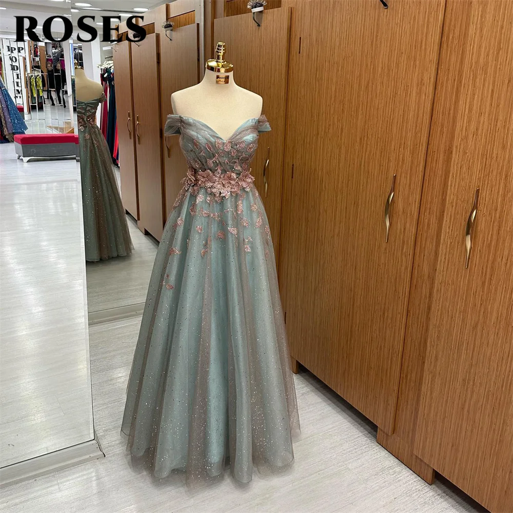 Gaun Prom, mawar dari bahu menawan gaun Formal renda gaun payet pantai Tulle gaun malam vestidos de noche