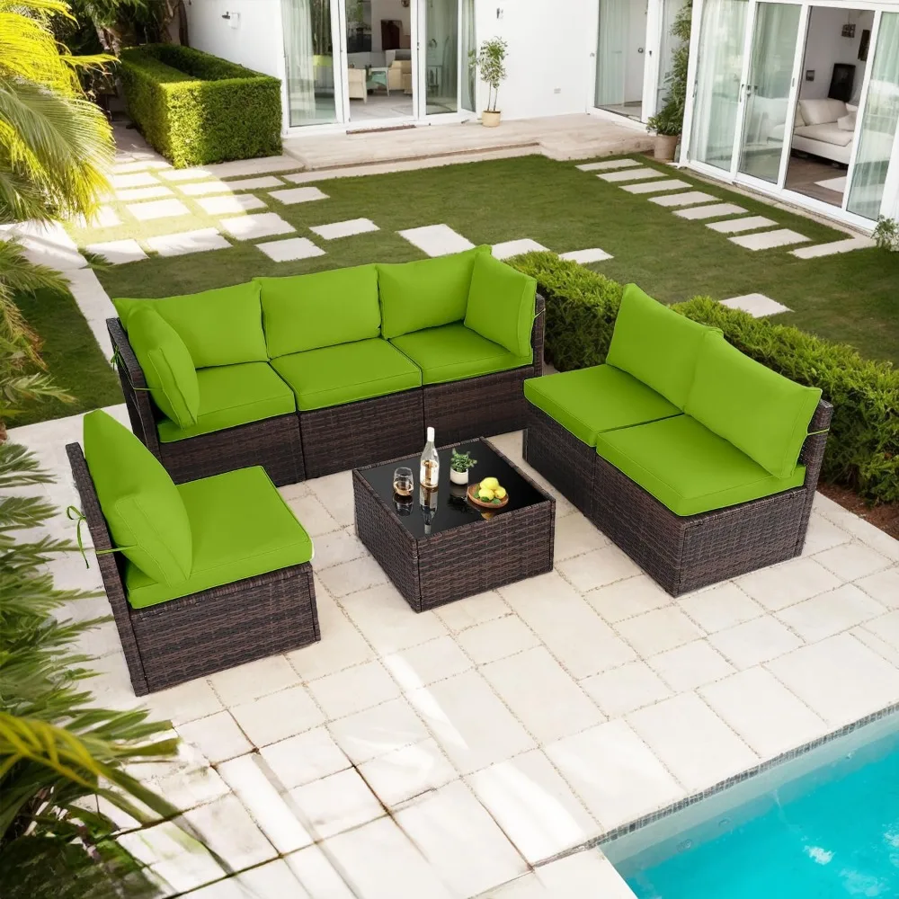 

7-Piece Outdoor Patio Furniture Set with Rattan, Wicker Sectional Couch Sofa Set for Balcony, Porch & Courtyard, Comfortable Cus