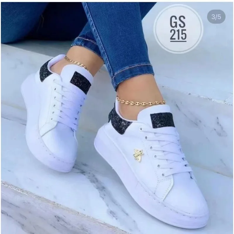 Women Casual Shoes Fashion Butterfly Decor Round Head Sneakers Leather Lace-Up Platform Ladies Vulcanized Shoes Female Footwear