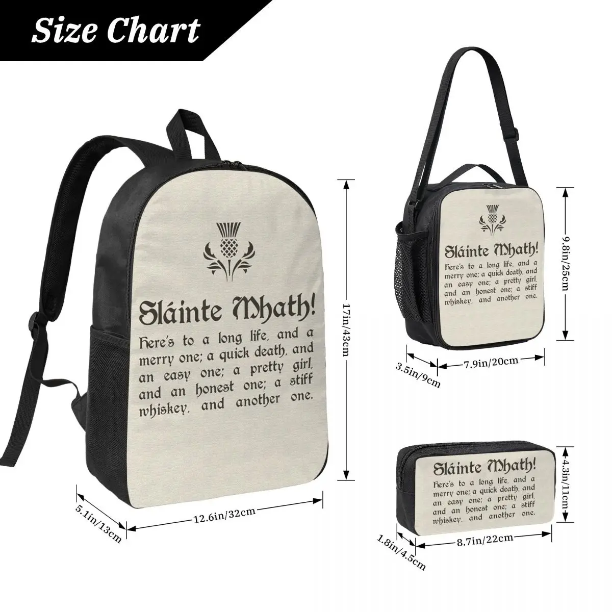 

Slainte Mhath Scottish Toast With Thistl Backpack Student Boys Girls BookBag School Bag 3ps Insulated Lunch Bag Pencil Case