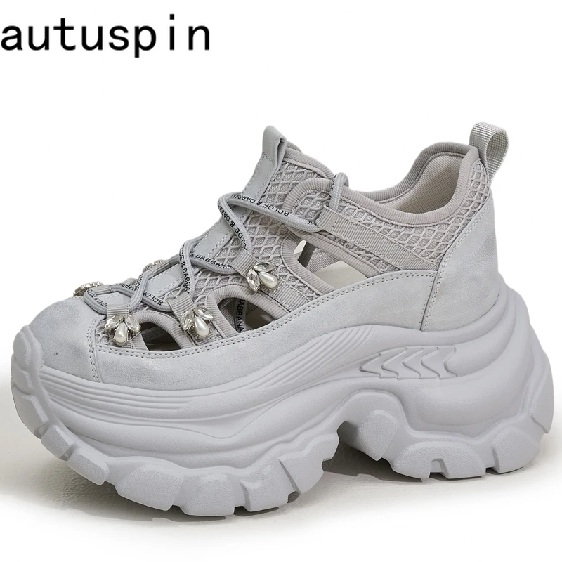 

AUTUSPIN Summer Hollow Out Shoes for Women High Platform Mesh Sandals Ladies New Design Mesh Shoes Crystal Beads Casual Sneakers