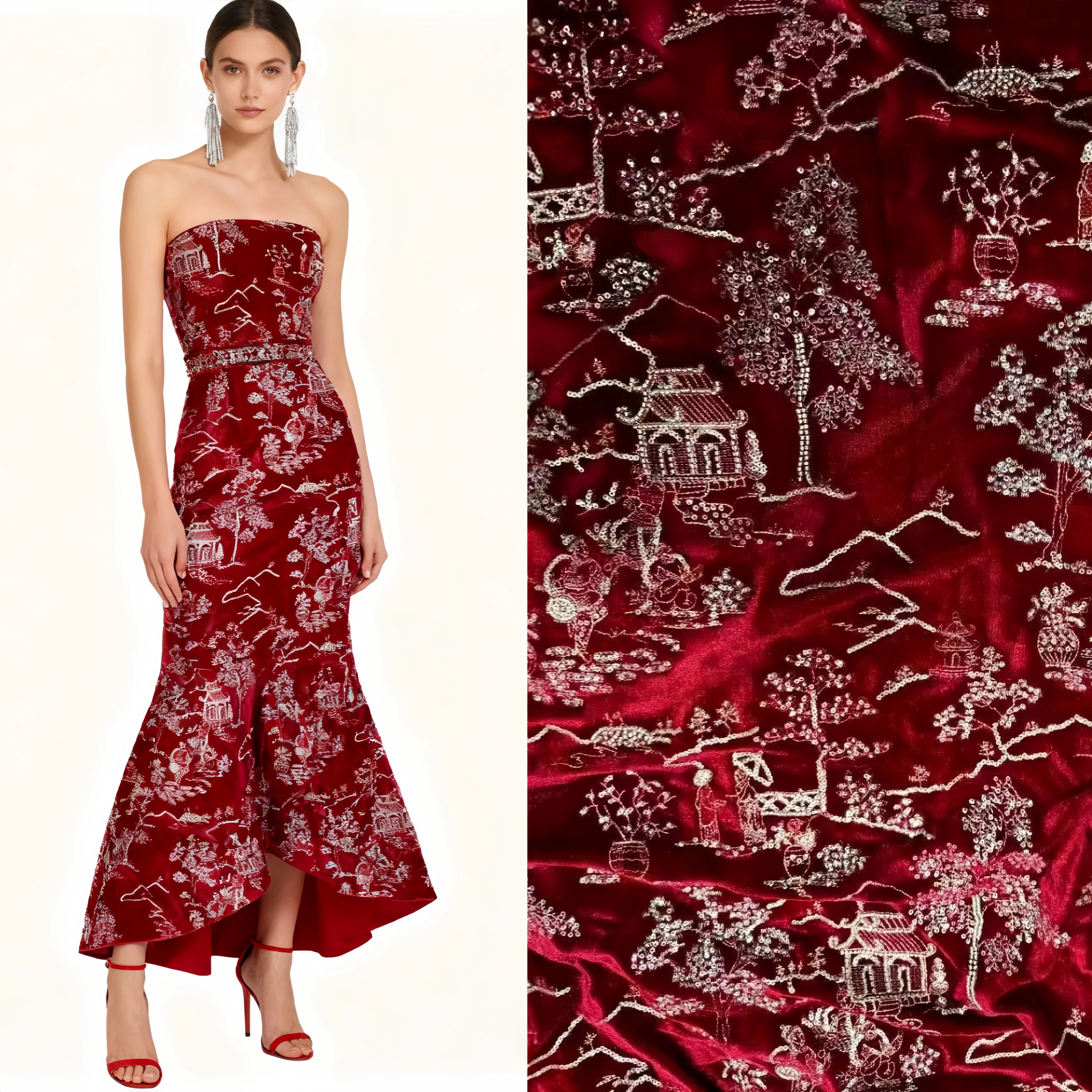 

Элегантный и изысканный бархатный павильон с вышивкой бисером на чердаке, мягкая ткань для шитья, куртка-чонсам, жилет, высококачественная ткань