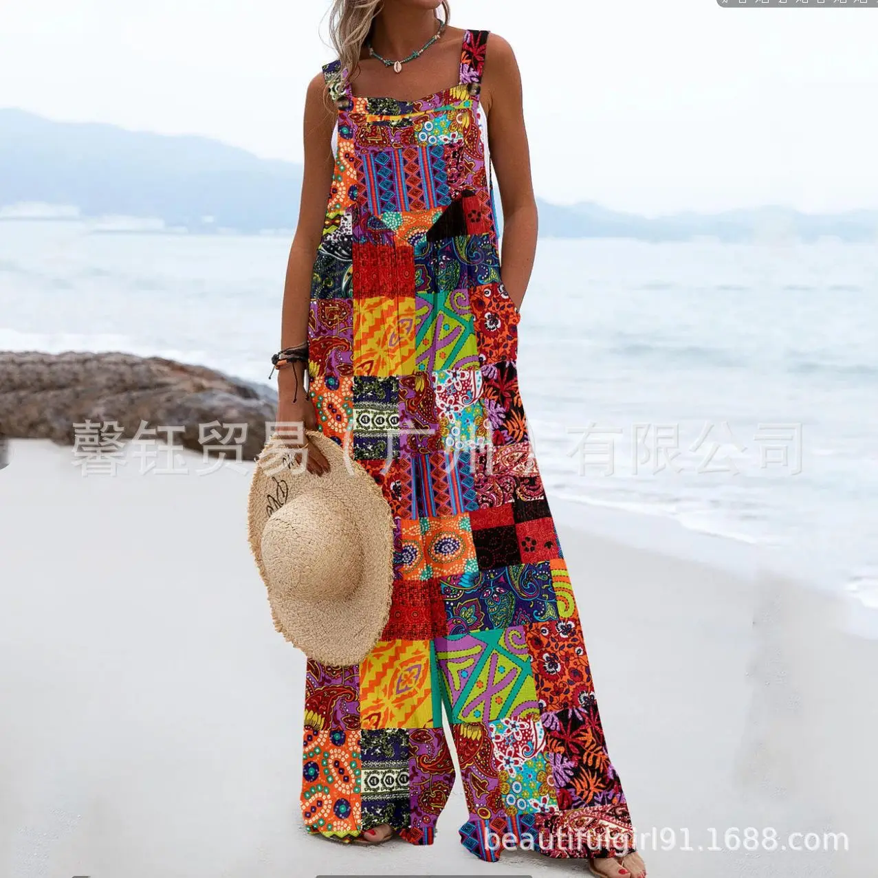 2024 Summer New Women's Fashion Ethnic Style Cotton and Hemp Button Sling Jumpsuit Pants Wide Leg Pants Long Pants