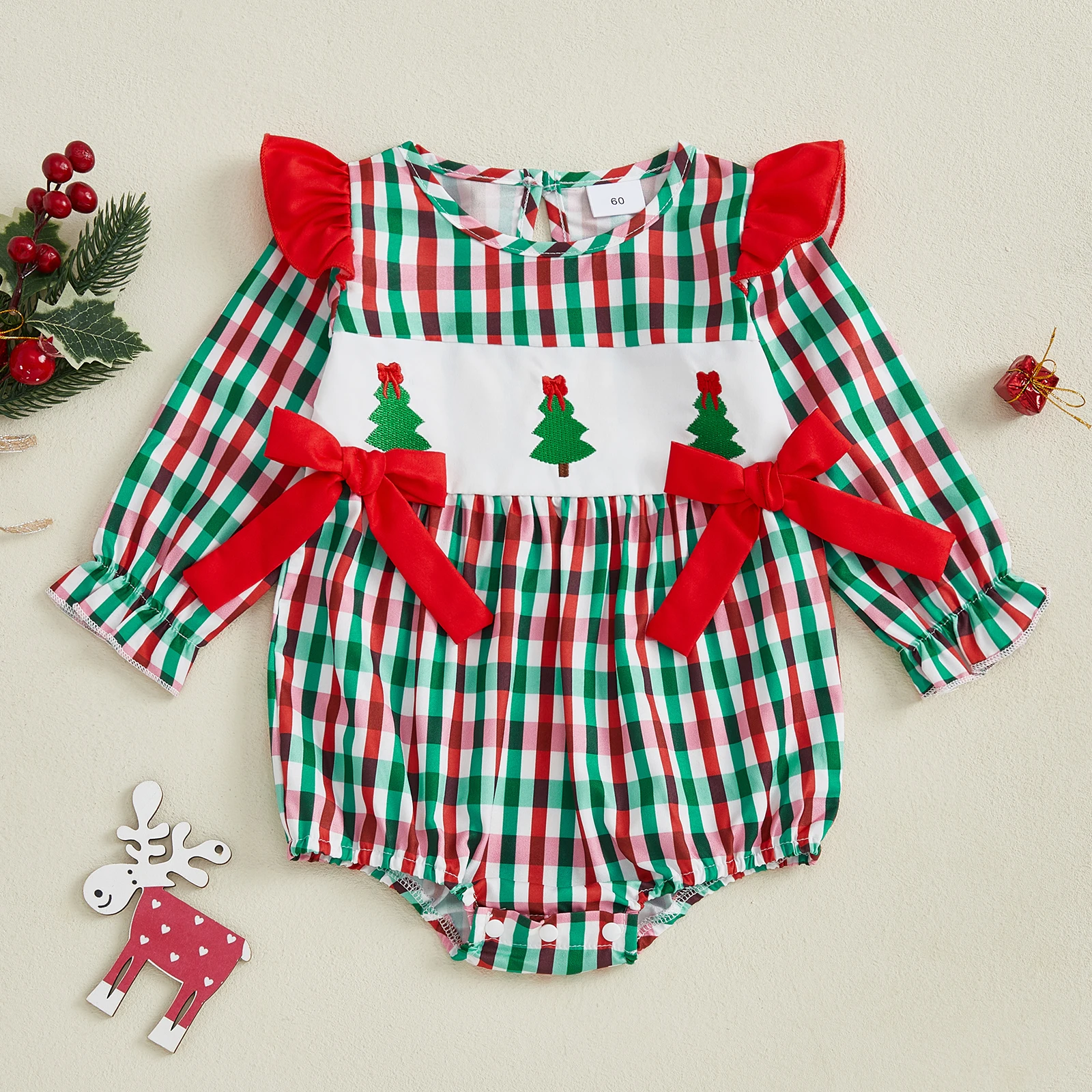 

Baby Girls Romper Casual Christmas Embroidery Plaid Bow Long Sleeve Jumpsuits for Newborn Infant Fashion Clothes