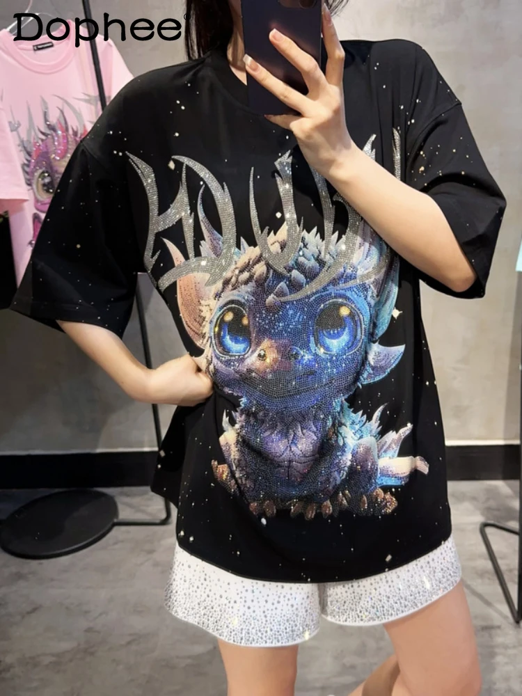 

Street Style Dragon Hot Drilling Oversized T-shirt for Women Summer New Fashion Splash-Ink Short Sleeve Round Neck Black Tops