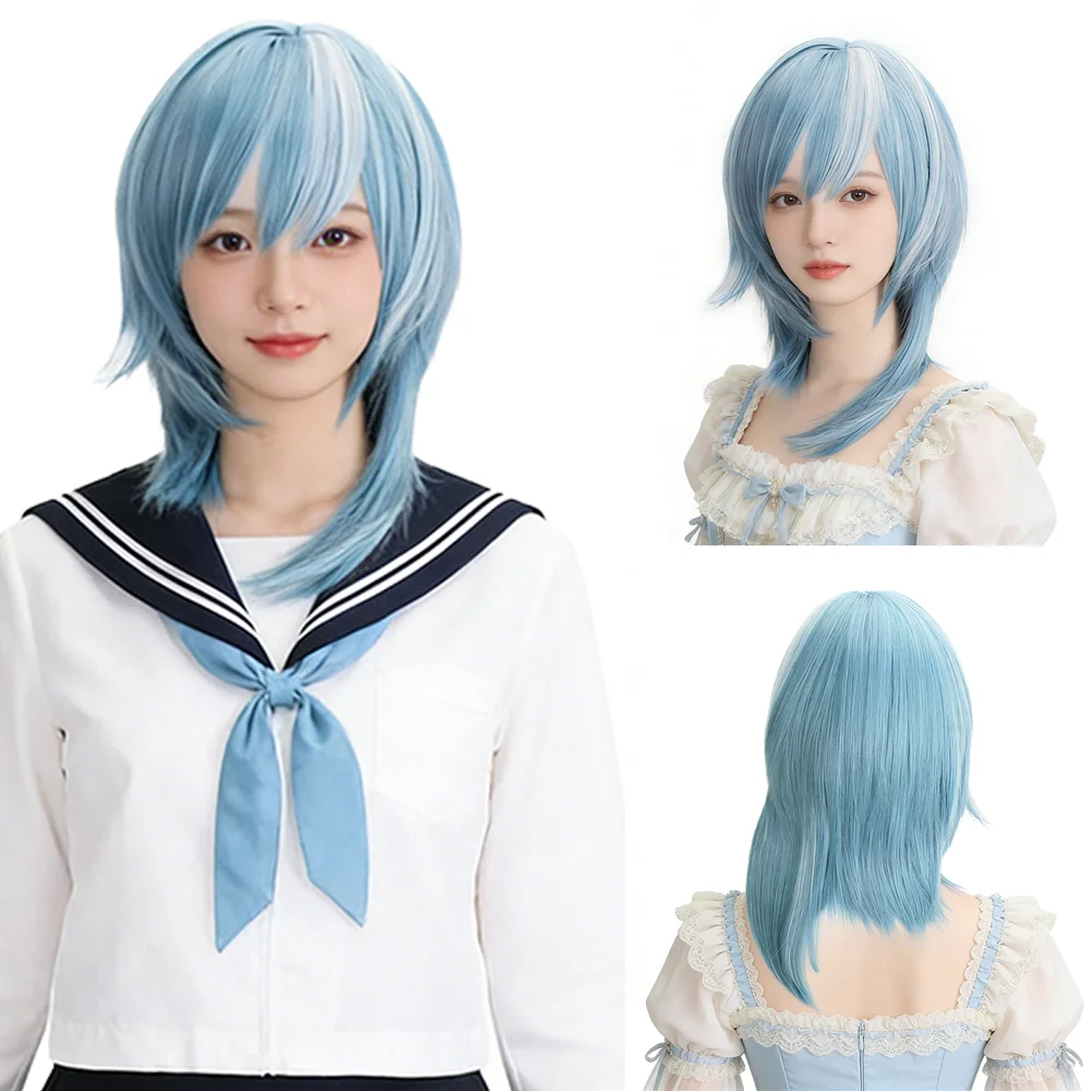 

Eula Cosplay Wig Unisex Natural Layered Blue White Highlights Heat Resistant Easy to Style Synthetic Anime Hair For Free Wig Cap
