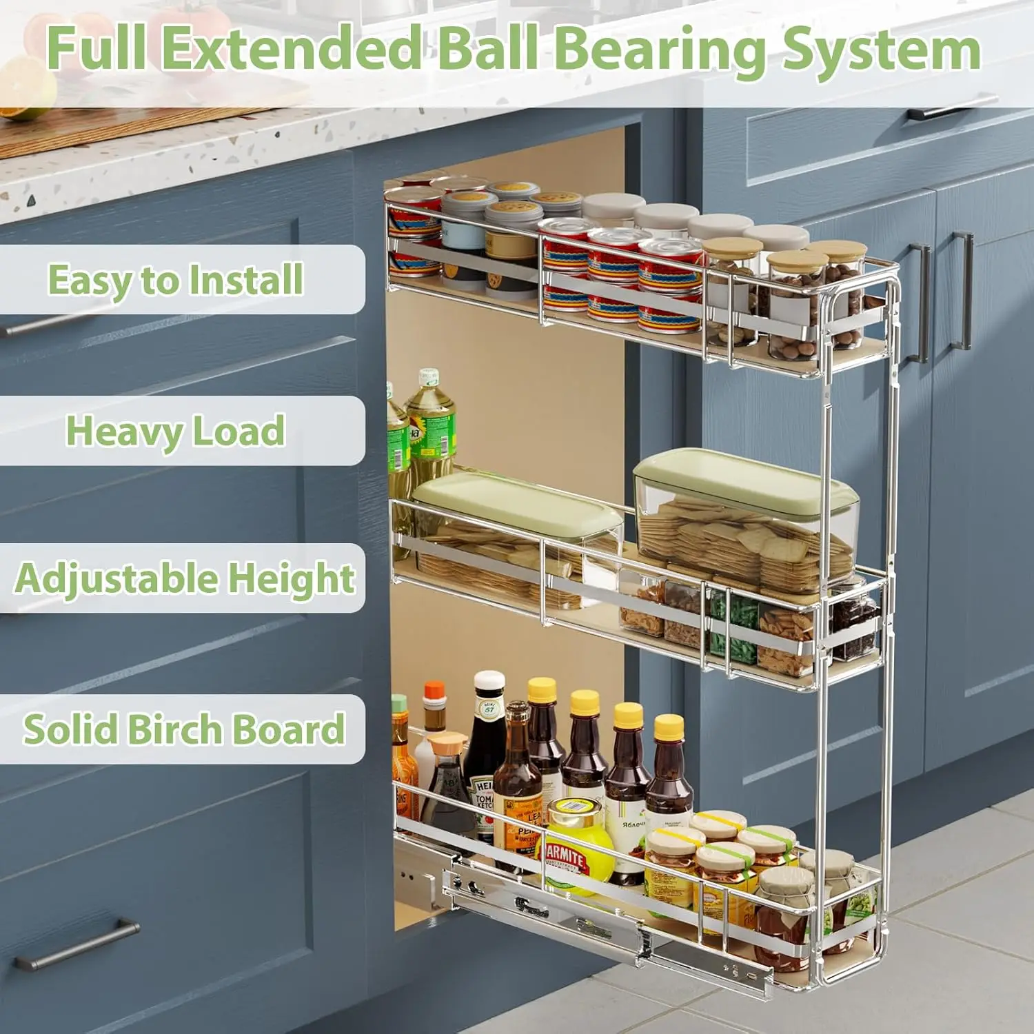 3-Tier Pull Out Cabinet Organizer Spice Rack for Narrow Cabinet 5