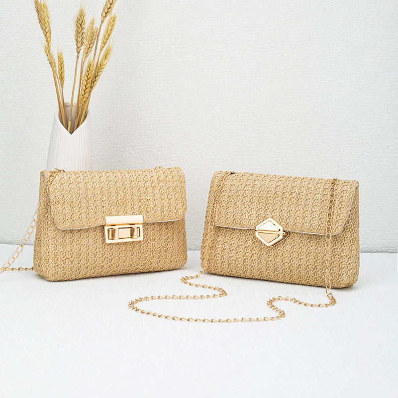 

Holiday Straw Bag Creative Diamond Lock Design Women Shoulder Bag Quality Chain Flap Crossbody Beach Woven Straw Messenger Bag