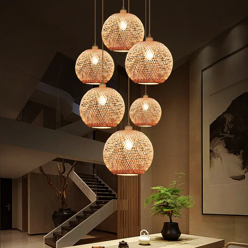 

Chinese Bamboo Weaving Spherical Pendant Light Garden Tea Room Zen Staircase Hanging Lights Restaurant Restaurant Lamps