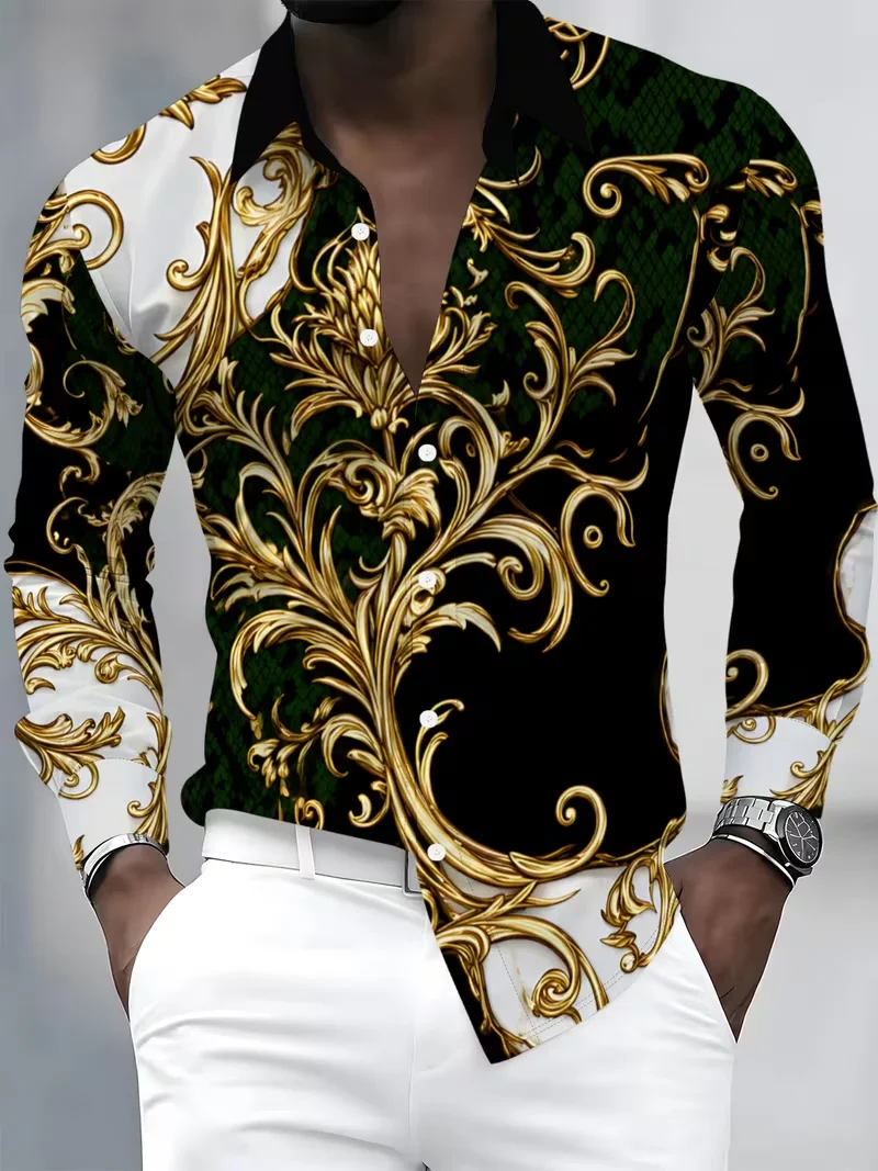 New Black Bottom Gilded Lotus Baroque 3D Printed Pattern Shirt Luxury Men's Slim Fit Long Sleeve Shirt