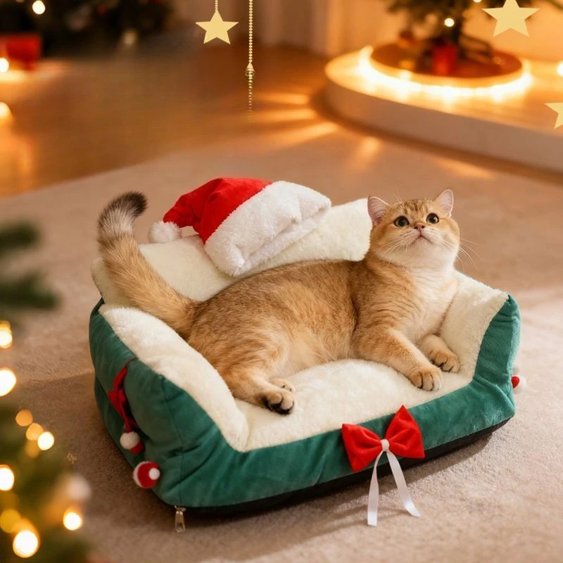 Cama navideña para mascotas, cama cálida de lana de cordero para gatos, cama para perros, amasado de felpa, cómodo, desmontable, lavable, para invierno
