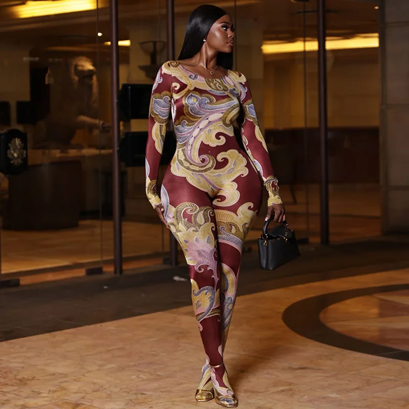 

Винтажные облегающие комбинезоны с принтом для женщин, для вечеринок и клубов, с длинным рукавом, круглым вырезом, эластичные, цельные ромперы, женский комбинезон