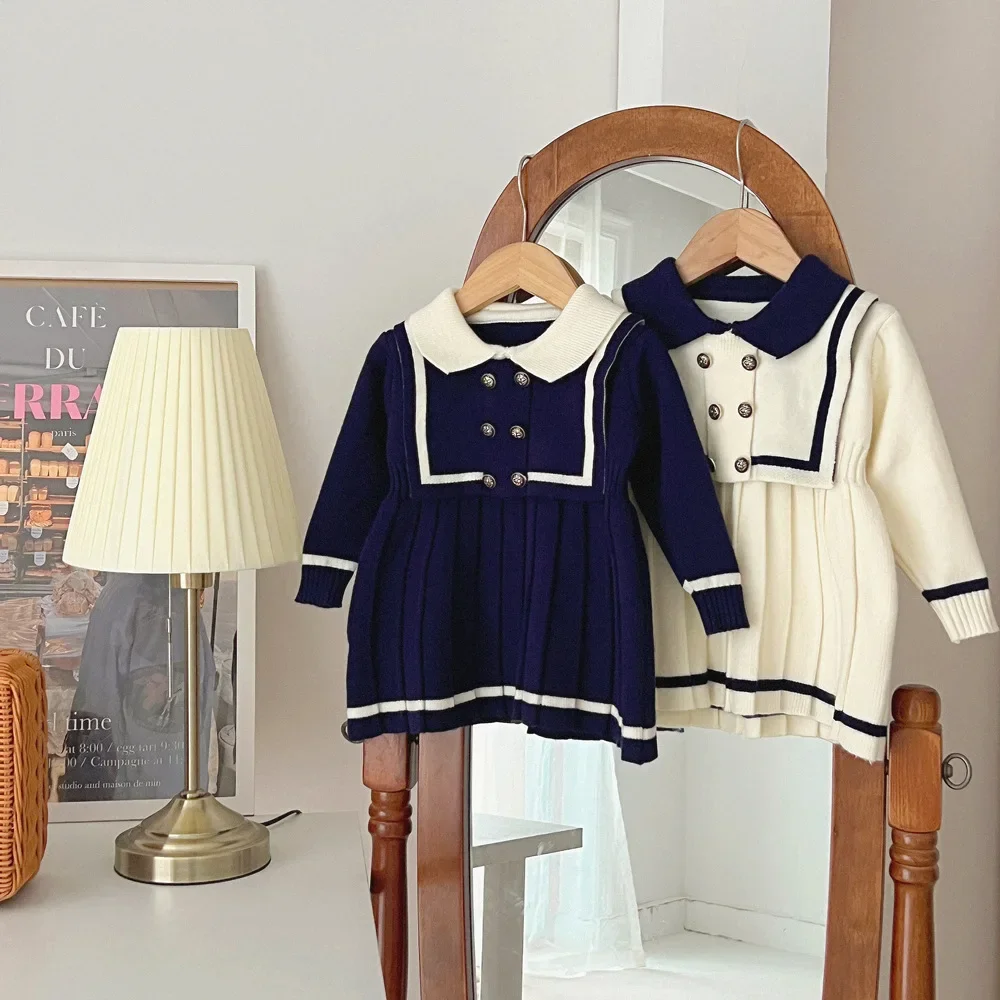 

Winter Baby Girls Knitting Long Sleeve Sweater Dress Autumn Girls Sailor Collar Knitted Princess Sweater Dress Casual Clothes