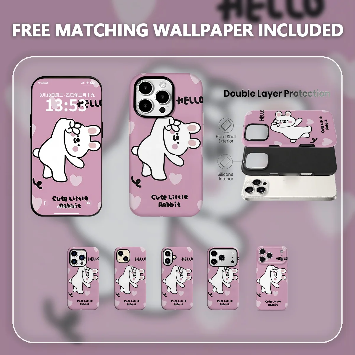 conejo dibujo corazones rosas estilo kawaii animal adorable dibujo animado Funda Híbrida Doble Capa para iPhone 12-17