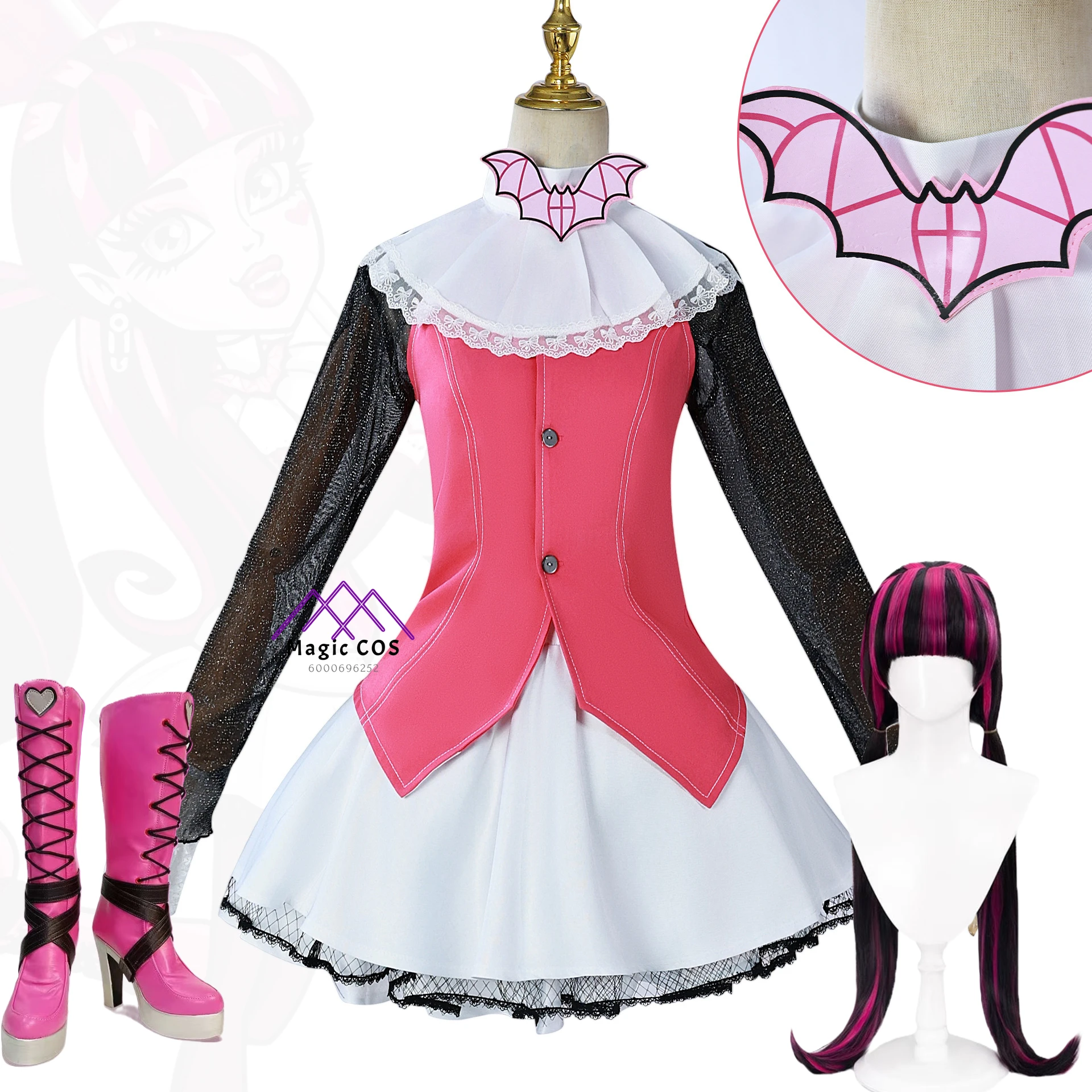 Anime Movie Monster Draculaura Cosplay Costume for Girl JK School Dress Pink Lolita Wigs Halloween Christmas Roleplay Colothes