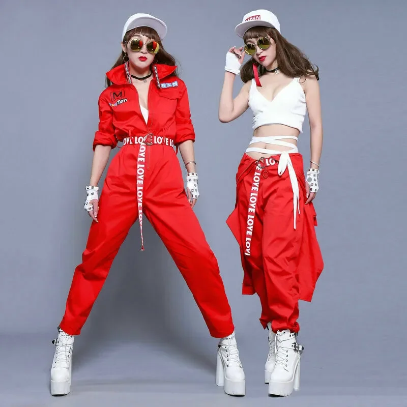 Stage Costumes For Singers Women Dance Night Club Costume Hip Hop Overalls Unisex With Belt Red Jumpsuit Long Sleeve Loose #0102