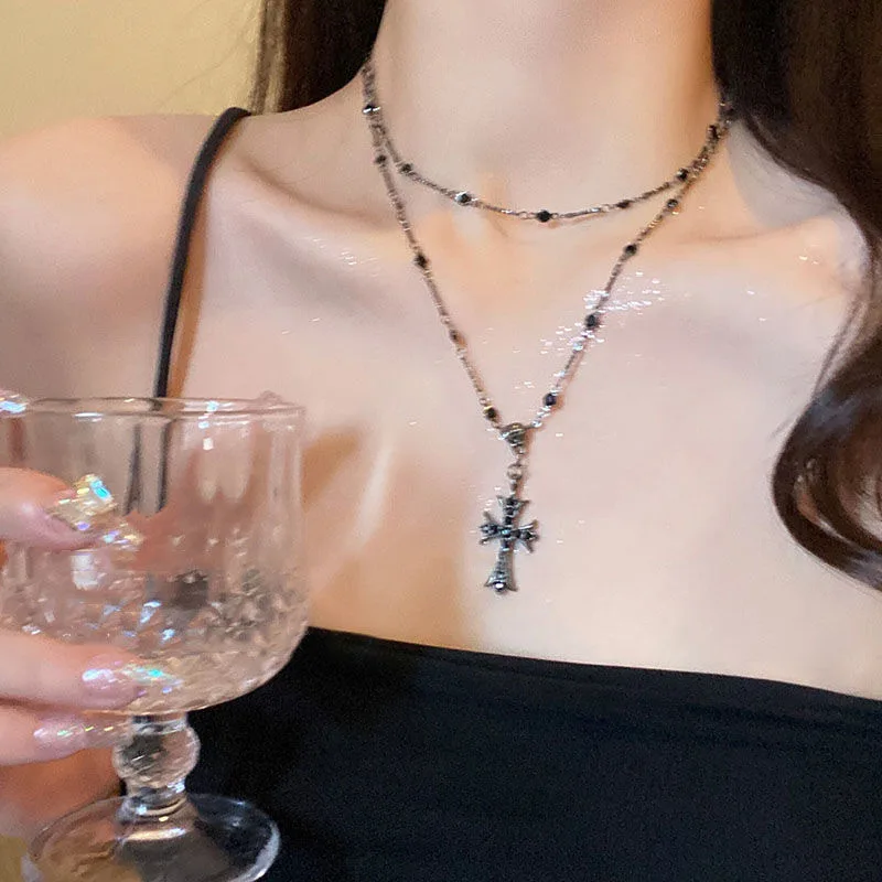 Diablo Women Cross Necklaces Hot Punk Black Zircon Bead Long Layered Pendant Necklace for Woman Goth Jewelry Anniversary Gift