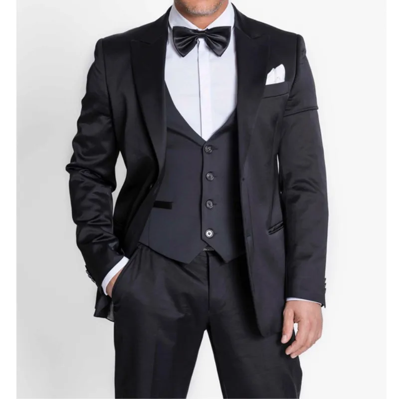 

Black Single Breasted Business Men Suits Peaked Lapel Three Piece Custom Made Wedding Tuxedos New (Jacket + Pants + Vest)