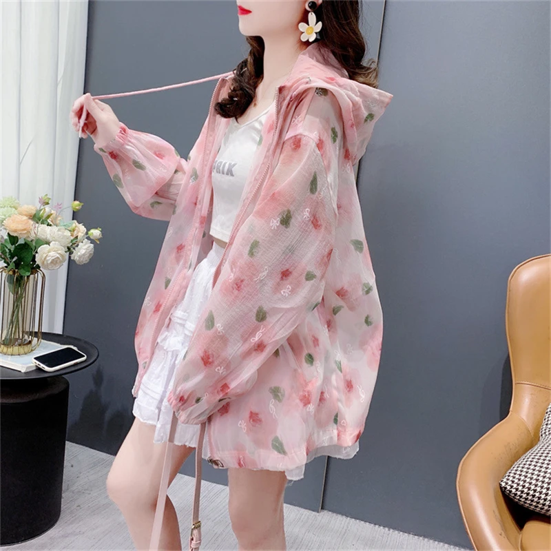 Pink White Zippered Cardigan Summer 2024 Lazy Style Print Design Hooded Sun Protection Long Sleeved Jacket For Women's