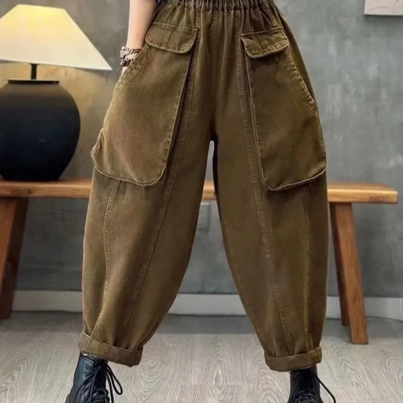 

2023 Spring Autumn New Arts Style Women Elastic Waist Loose Jeans Double Pockets All-matche Casual Cotton Denim Harem Pants P467