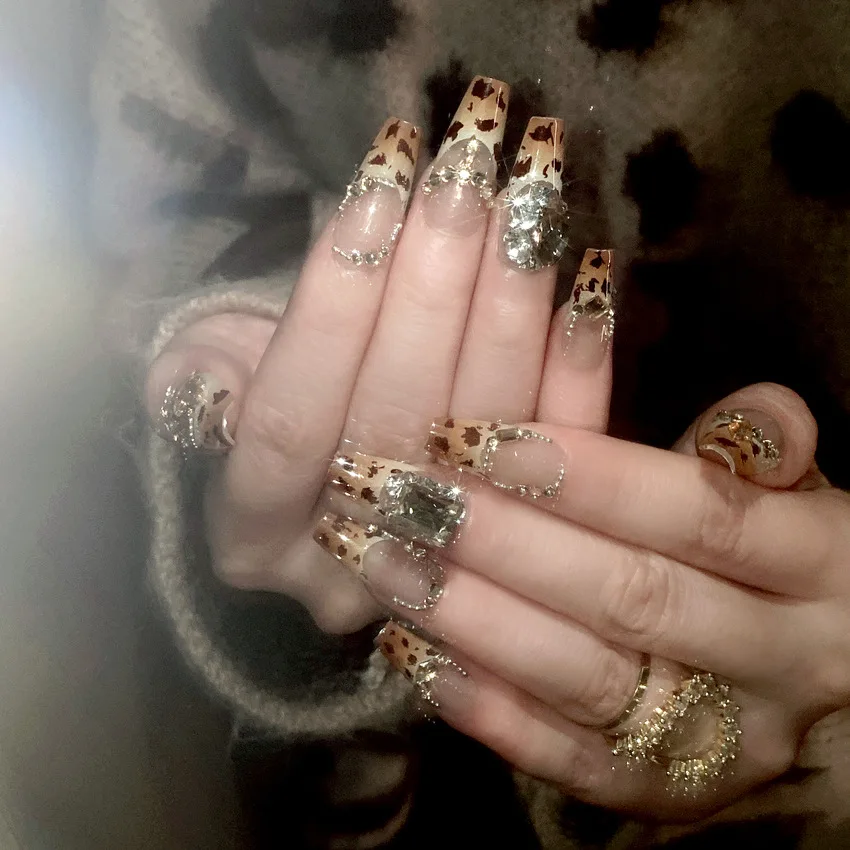 24 Piezas Uñas Postizas de Otoño con Estampado de Leopardo, Francesas con Cristales Grandes Brillantes, Estilo Spice Girls 2
