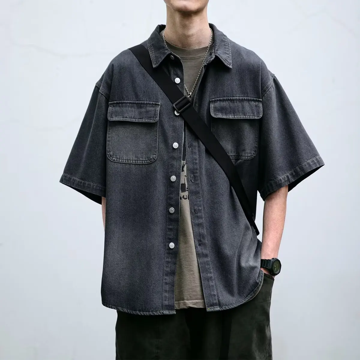 

Waed Denim ort Sve irt Свободная повседневная летняя модная мужская рабочая одежда Jaet Youth Sle No Iron Treaent китайского производства