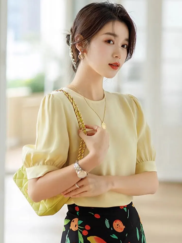 

Ele Color irt Retro Sli round Ne Bubble Sve Top Summer Slim Fit Chiffon Blouse Korean Sle Commute irt
