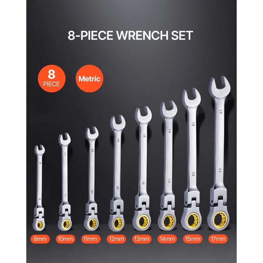 8-Piece Flex-Head Ratcheting Wrench Set with Roll-Up Pouch Cr-V Steel Combination Wrenches Metric Sizes 8 mm to 17 mm Suitable view 2