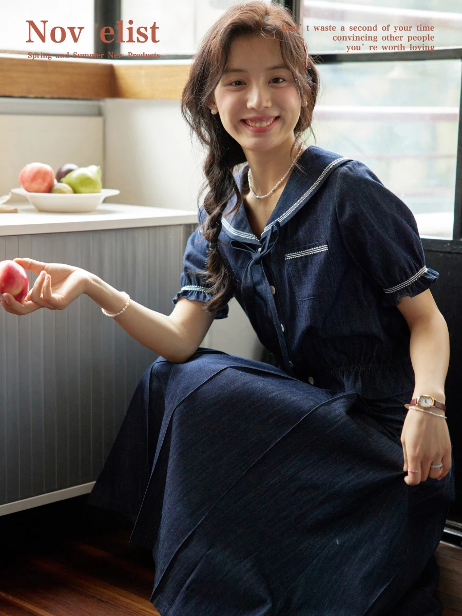 

Синий джинсовый комплект Nov Et, винтажный темно-синий воротник, женская летняя модная хлопковая юбка и топ на пуговицах