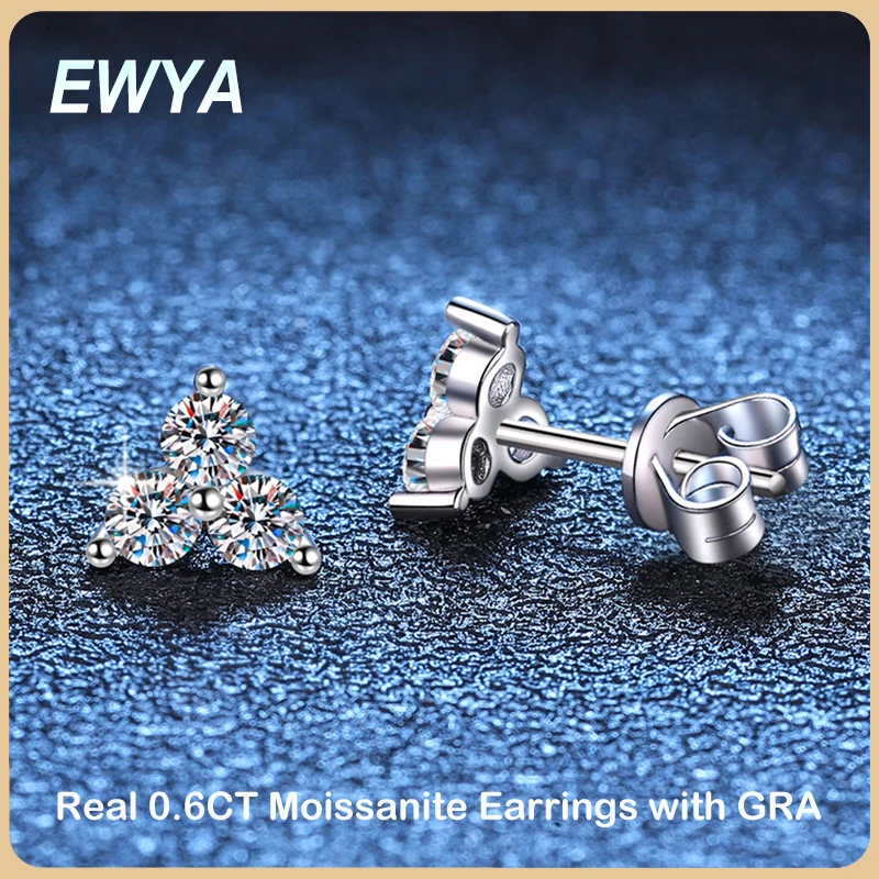 

EWYA New In 3-Stone 0.1CT Moissanite Stud Earrings For Women Party Wedding Fine Jewelry S925 Sterling Silver Diamond Earring