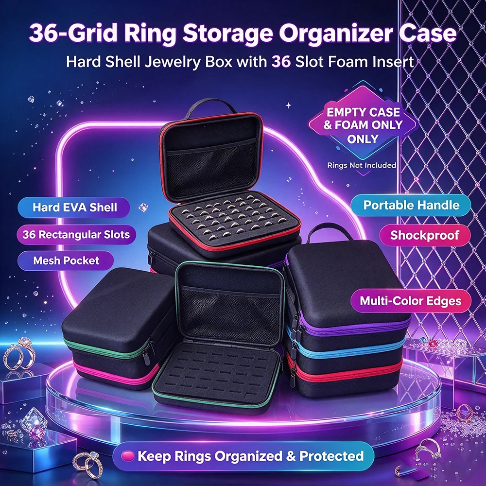 Portable Jewelry Box with Zipper, EVA 36 slot Ring Earring Storage Pouch, Organization, Women's Travel Jewelrys Case,Box Only