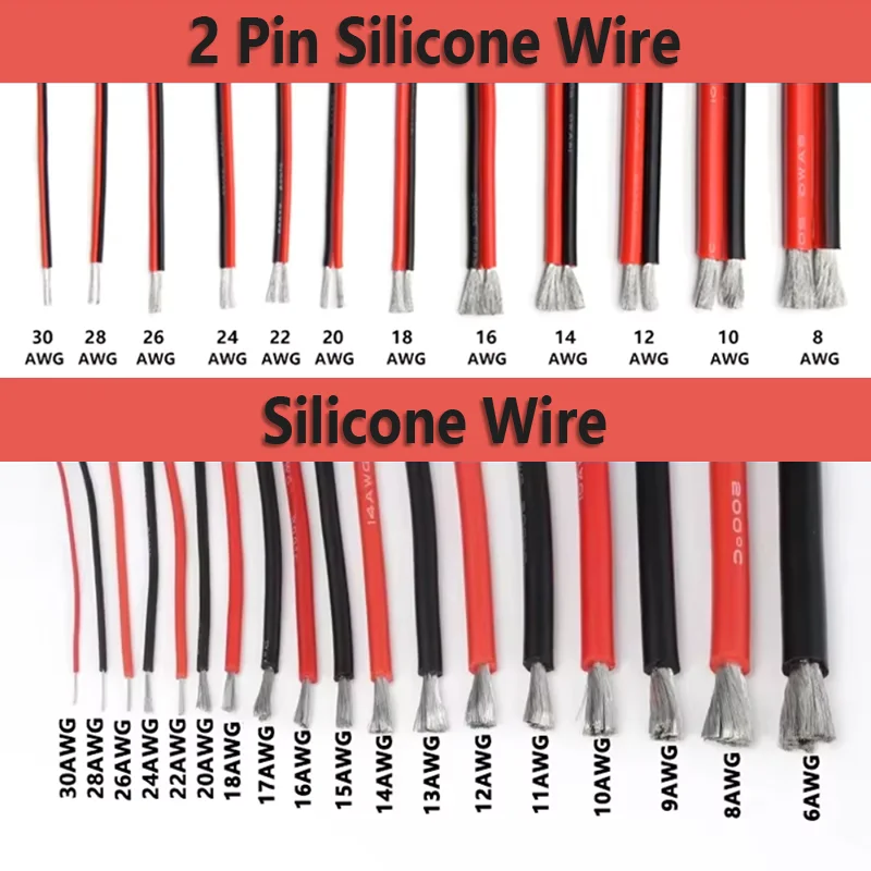 1&2Pin Soft Silicone Wire 3-10M Red Black Tinn Copper Strand Cable 30-8AWG High Temperature Resistant Automotive Line Connection