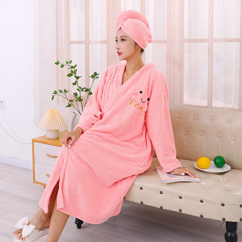 Women Winter Thermal Long Bathrobe Lovers Thick Warm Coral Fleece Kimono Bath Robe Plus Size Men