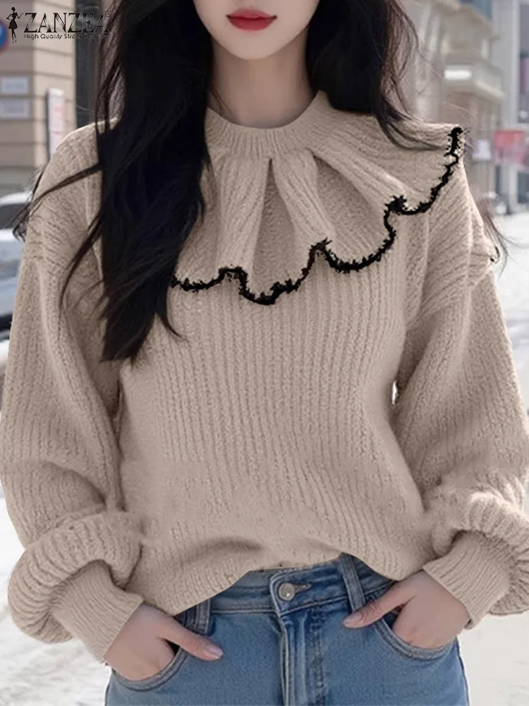 ZANZEA Sweety Long Sleeve Blouse Holiday Korean Pit strip Knitted Tees Fashion Women Ruffled Stitching Neck Tops Vintage T-shirt