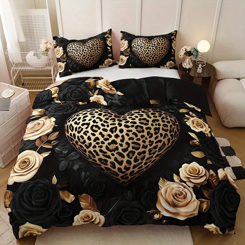 Leopard Print Heart Rose Bedding Set Home Dormitory High-Definition Luxury Vintage Romantic Style Bedding Set Bedroom Decor