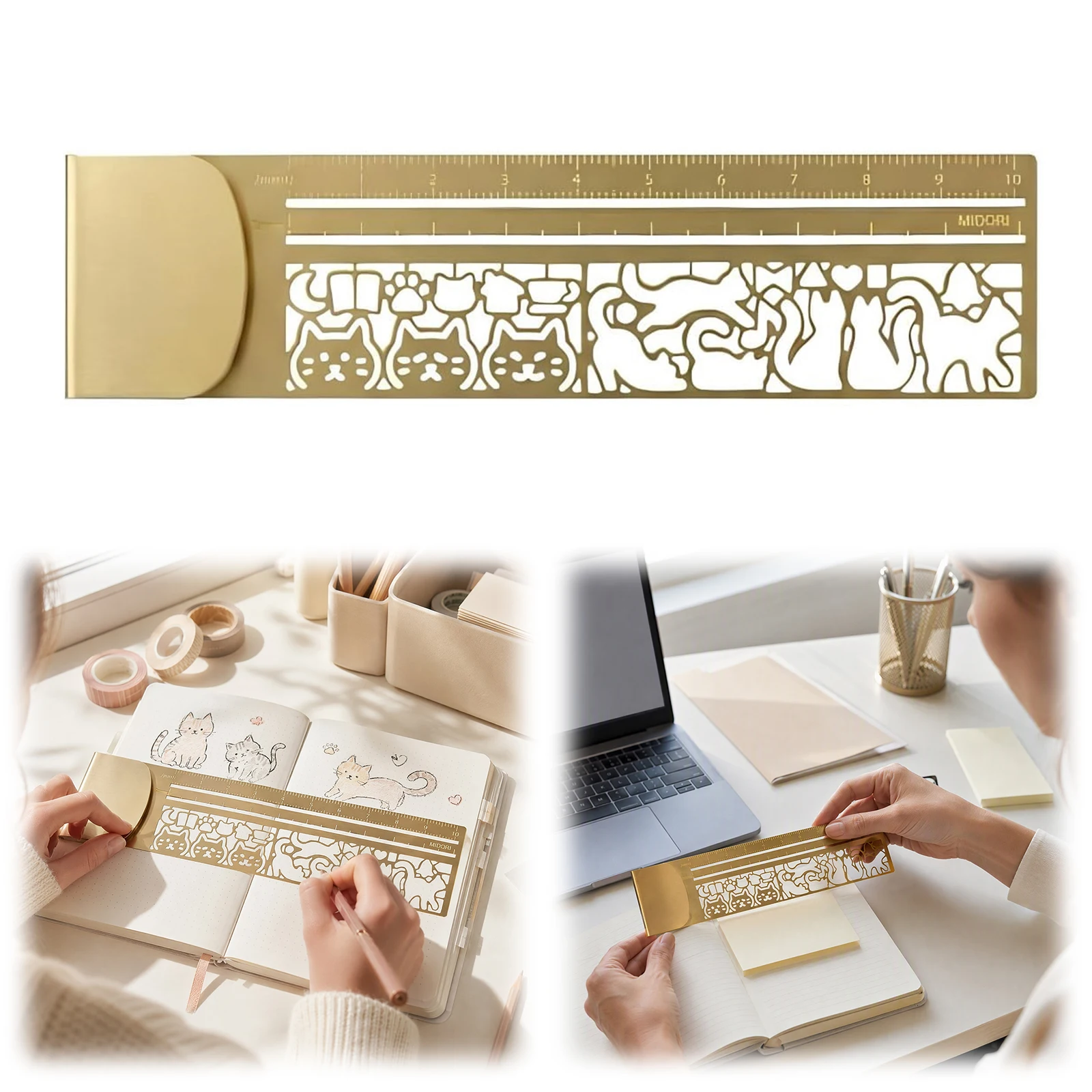 Hollow Cat Template Bookmark Ruler Brass 2 in 1 Metal Stencil for Journal Planner 10cm Cat Gift