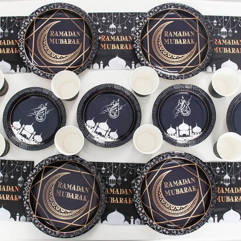Ramadan Mubarak Disposable Tableware Plate Cups Ramadan Decoration 2024 Eid Mubarak Ramadan Kareem Muslim Islamic Party Supplies