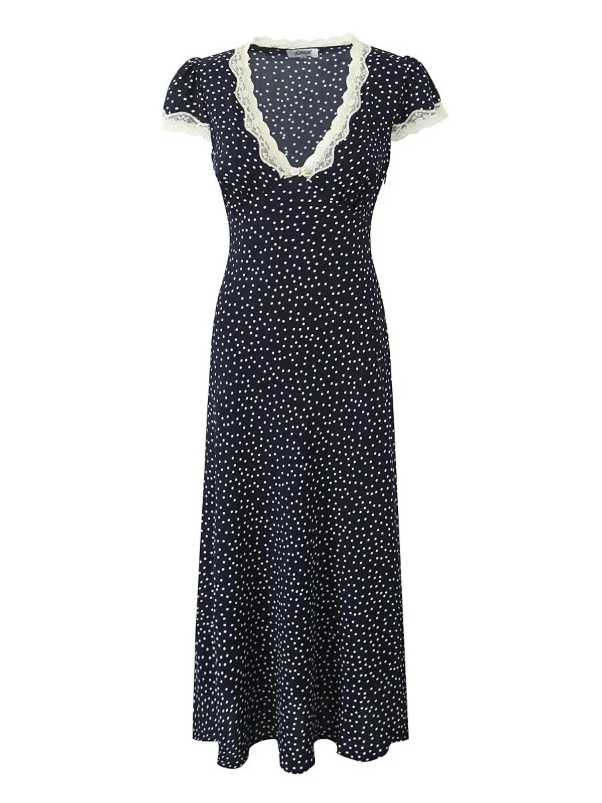 Retro Polka Dot Spitze Spleißen V-ne Schlankheits Design Lange Dr Tea Break A-linie Rock ort Sve Frühling Sommer Herbst frauen...
