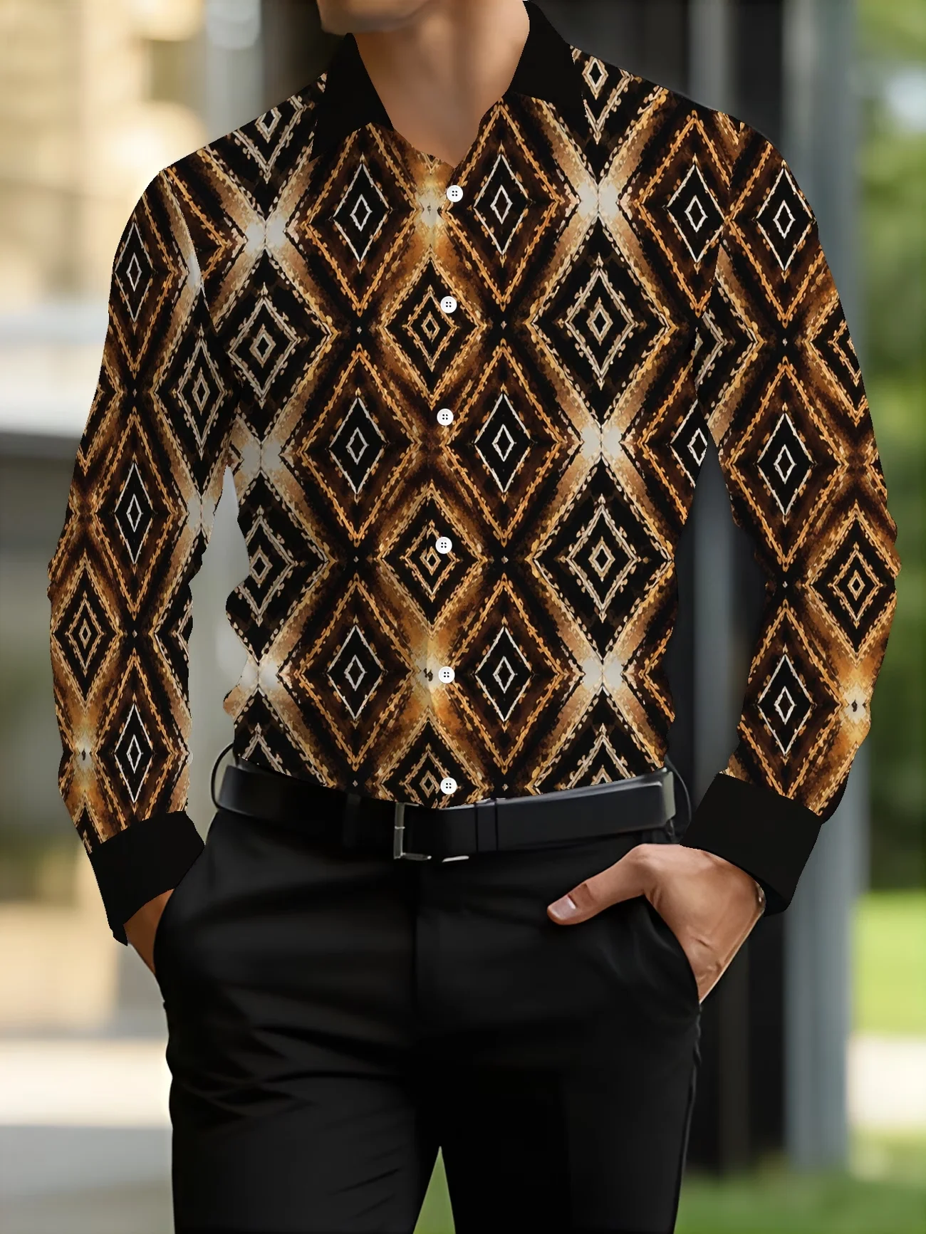 

New Dragon Pattern Wave Splicing Printed Men's Long Sleeve Shirt Trendy Brand Slimming Casual Flower Shirt
