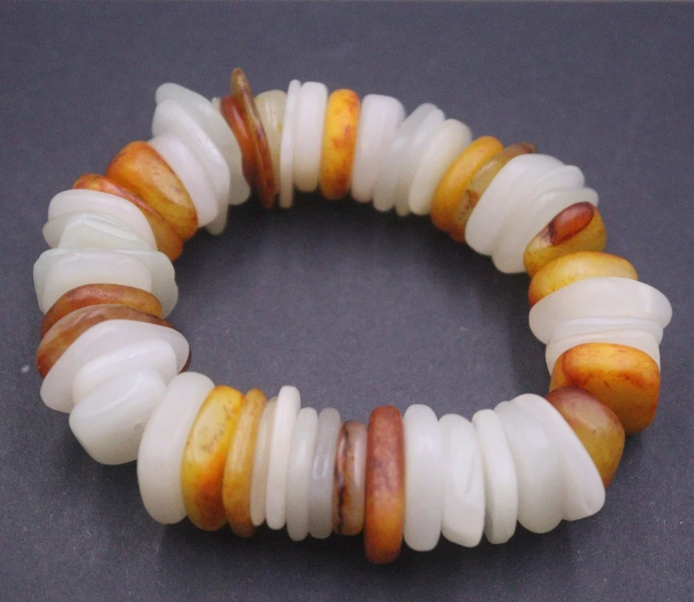 

Natural Jade Nephrite Men Women Lucky Yellow White Irregular Thin Slice Beaded Bracelet