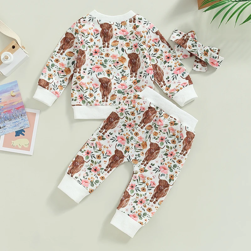 Infant Baby Girl Clothes Set Floral Cow Print Long Sleeve Crew Neck Tops Elastic Waist Long Pants Bow Headband 3Pcs Set